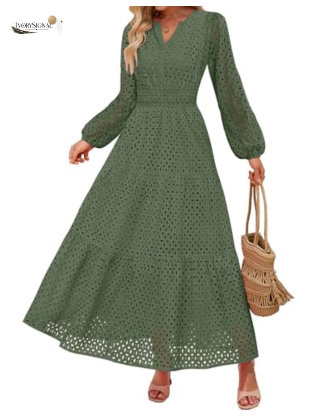 Womens Long Sleeve Eyelet Maxi Dress V Neck A-Line Flowy Fall Casual Dress